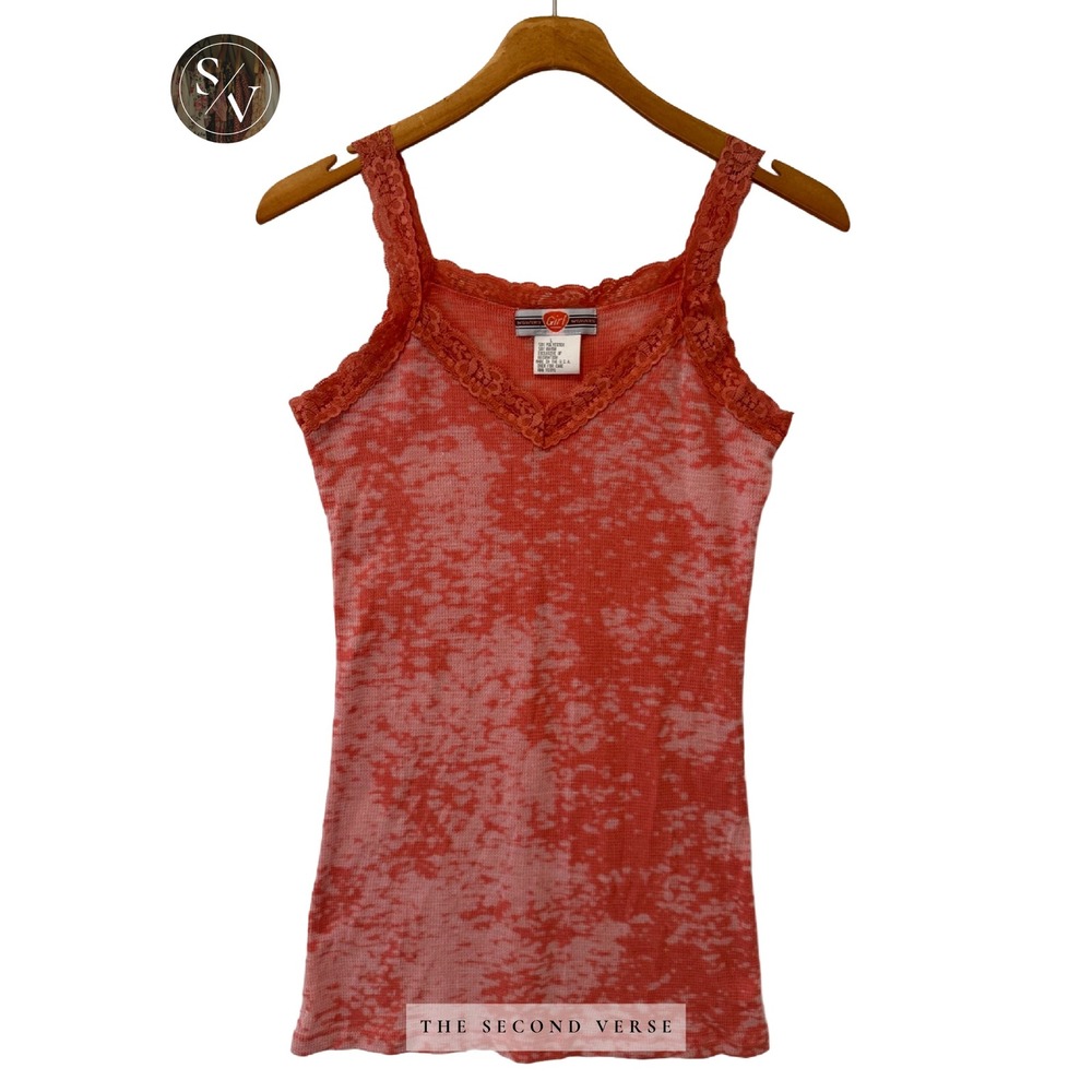 VTG Weaver's Girl Burnout Lace Trim Longline Tank Coral Size Large Y2K 90s